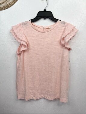 Caslon Pale Pink Ruffle Flutter Sleeve Knit Top Pom Trim Womens Size S